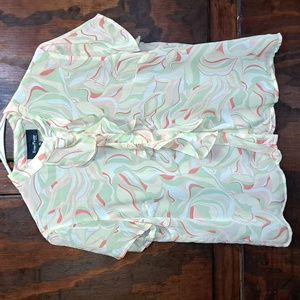 Evan-Picone, size 12P, yellow green blose with ruffles covering front center.